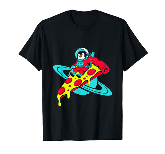 Penguin Astronaut Riding Pizza in Space T-Shirt