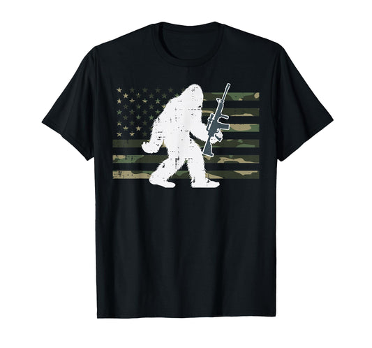 Bigfoot Sasquatch US Camo Flag Vintage Patriotic Men Women T-Shirt