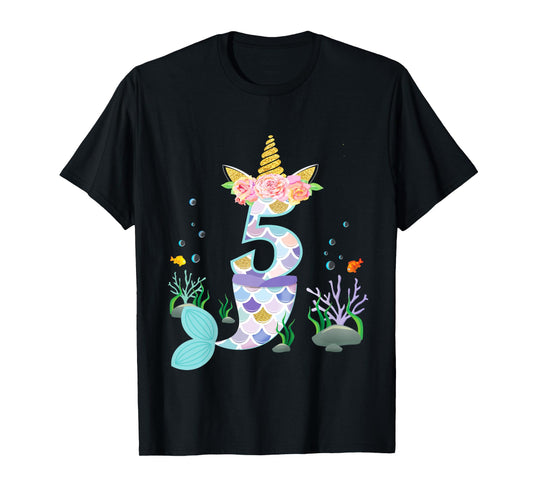 5 Year Old Unicorn Mermaid Birthday Theme Tail Girl 5th Gift T-Shirt