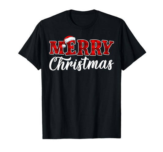Merry Christmas Buffalo Plaid Red Santa Hat Xmas Pajamas T-Shirt