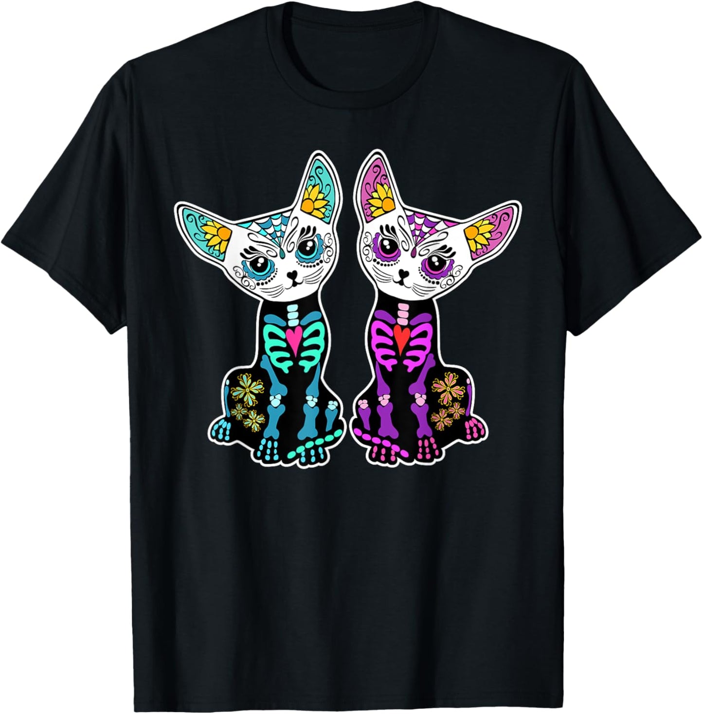 Day of Dead Sugar Cats Skeleton Skull T-Shirt