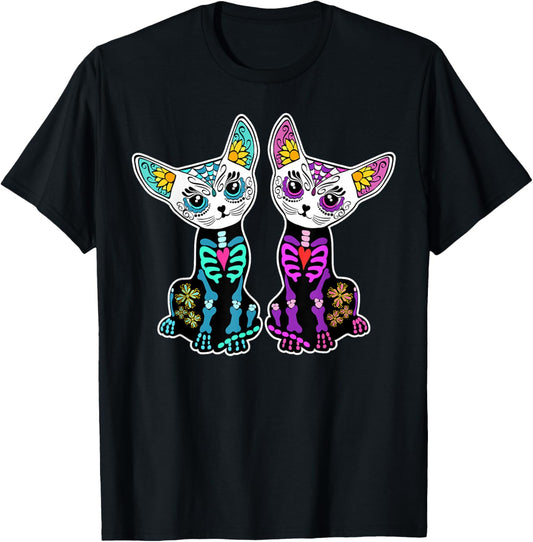 Day of Dead Sugar Cats Skeleton Skull T-Shirt