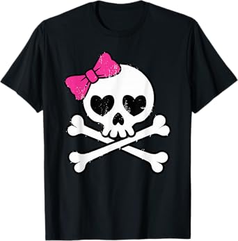 Cute Pretty Pink Skull Crossbones Girl with Hot Pink Bow T-Shirt