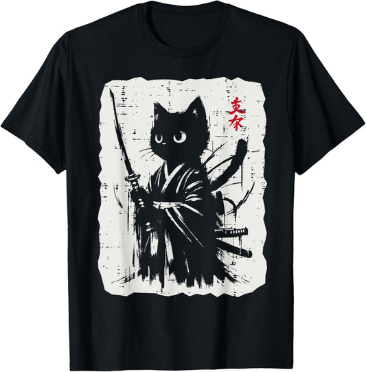 Black Cat Samurai Japanese Katana Kimono Art Women Girls Kid T-Shirt