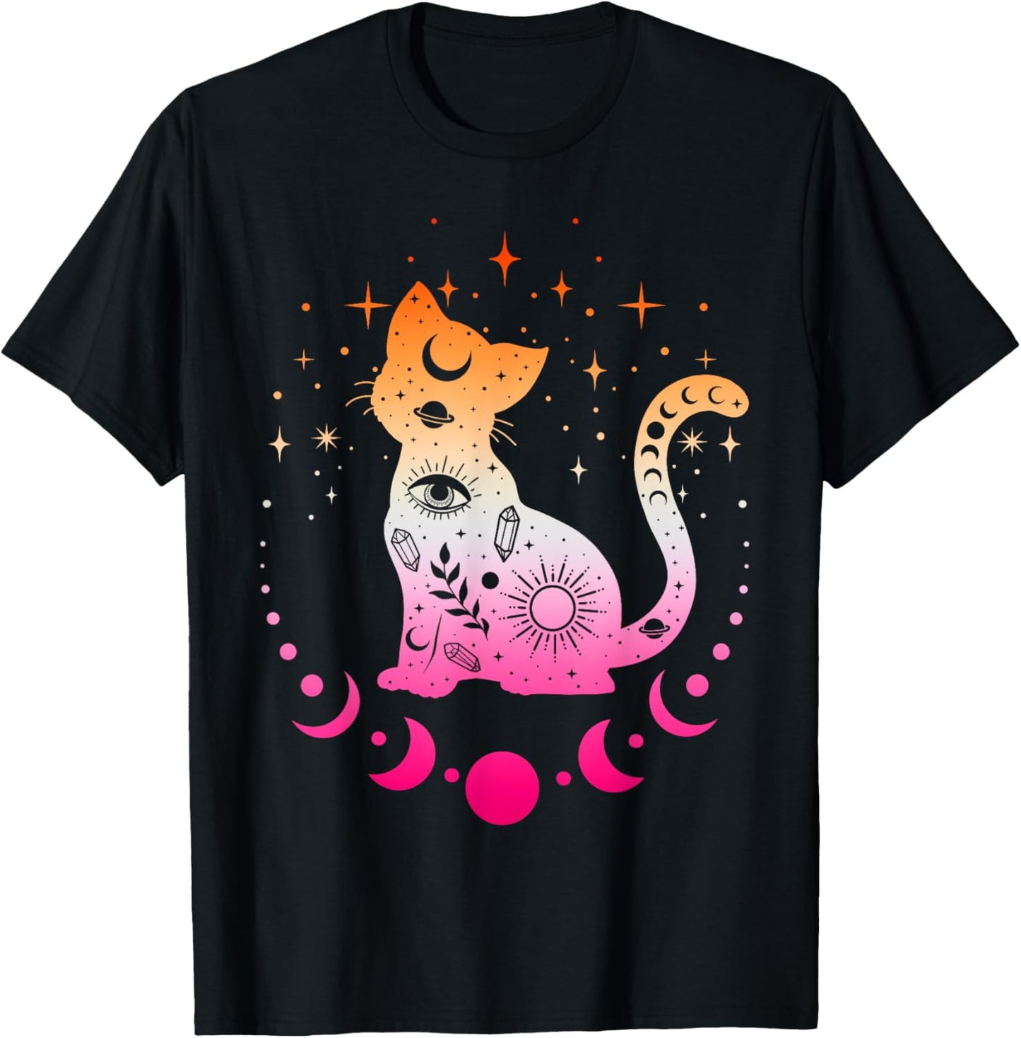 Lesbian Astrology Cat, Moon Phases Lesbian Pride Flag Colors T-Shirt