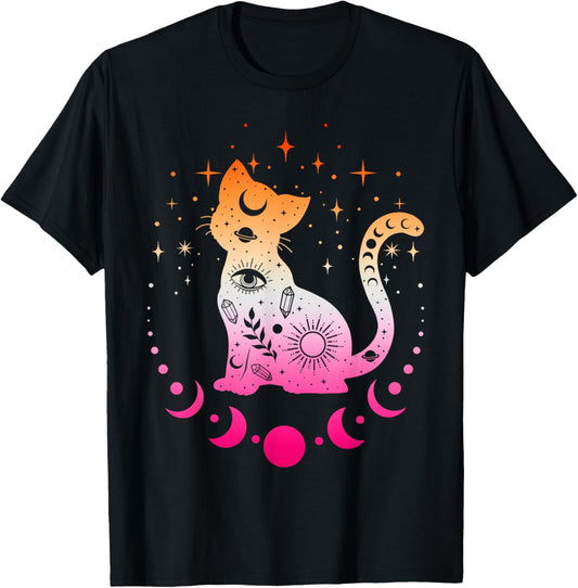 Lesbian Astrology Cat, Moon Phases Lesbian Pride Flag Colors T-Shirt