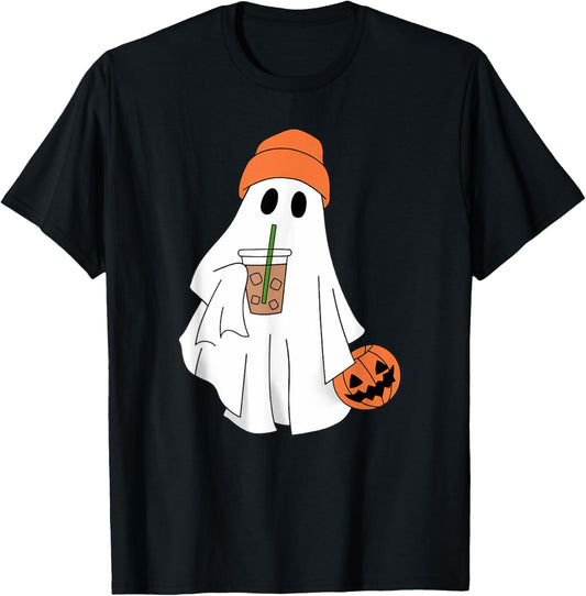 Halloween Ghost Drinking Coffee Ghost Ice Coffee Men Women T-Shirt