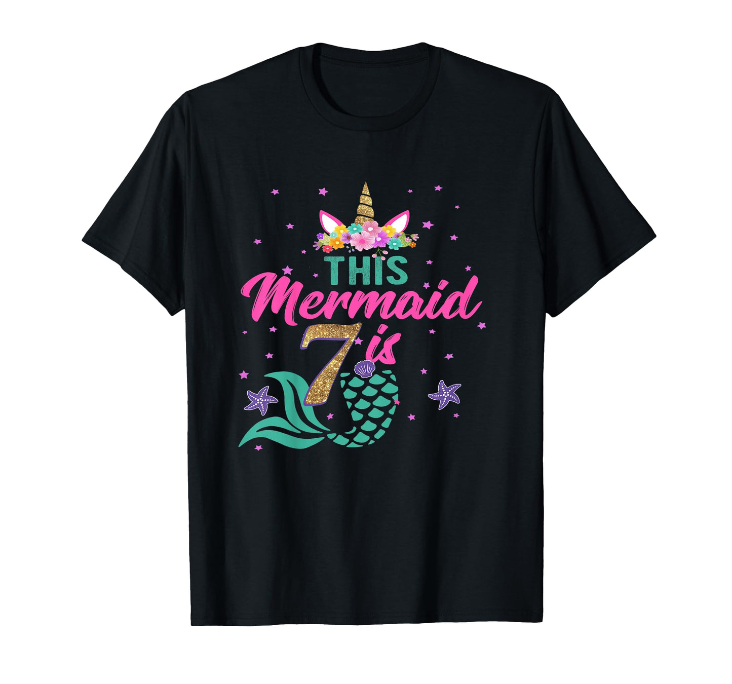 Kids 7th Birthday Girl Unicorn Shirt Mermaid Tail 7 Years Old T-Shirt