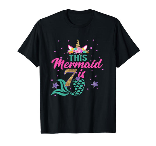 Kids 7th Birthday Girl Unicorn Shirt Mermaid Tail 7 Years Old T-Shirt