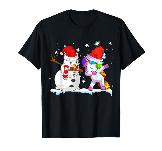 Unicorn Christmas Shirt Girls Women Santa Hat Snowman T-Shirt
