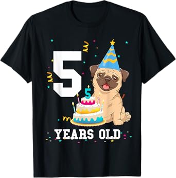 5 Years Old Birthday Pug Dog Lover Party Kids Boys Girls T-Shirt