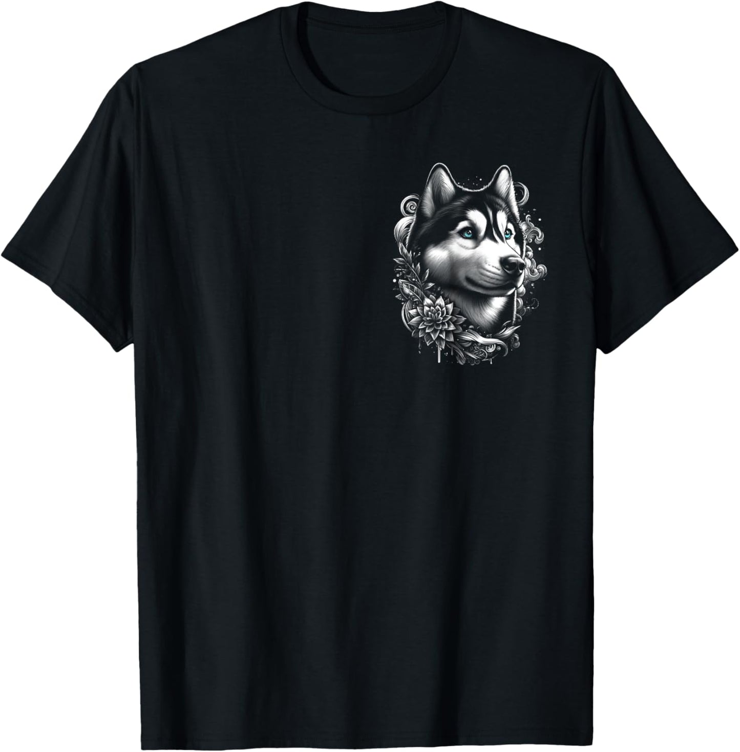 Cool Husky with Blue Eyes and Flowers Decoration on Chest T-Shirt, Small