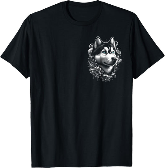Cool Husky with Blue Eyes and Flowers Decoration on Chest T-Shirt, Small