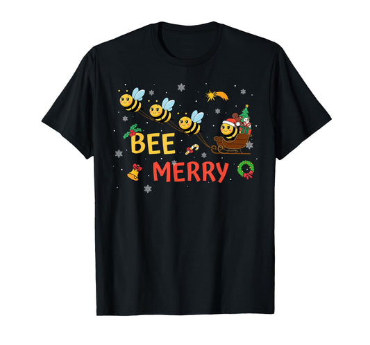 Bee Merry Christmas Beekeeper Xmas Holiday Santa Sleigh Ride T-Shirt