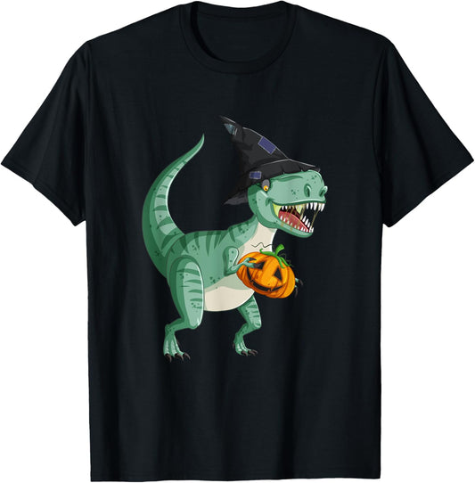 Dinosaur Witch Hat Lazy Halloween Costume Cute T-Rex Pumpkin T-Shirt
