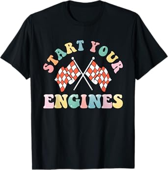 Start Your Engines Retro Groovy Checkered Flag Race Car Girl T-Shirt