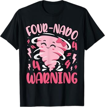 Kids Four-nado Warning 4th Birthday Pink Tornado Birthday T-Shirt