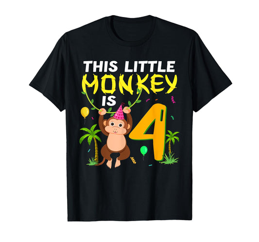 This Little Monkey Is 4 Jungle Safari Animal 4th Birthday T-Shirt
