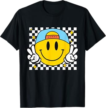 Yellow Smile Face Cute Checkered Peace Smiling Happy Face T-Shirt