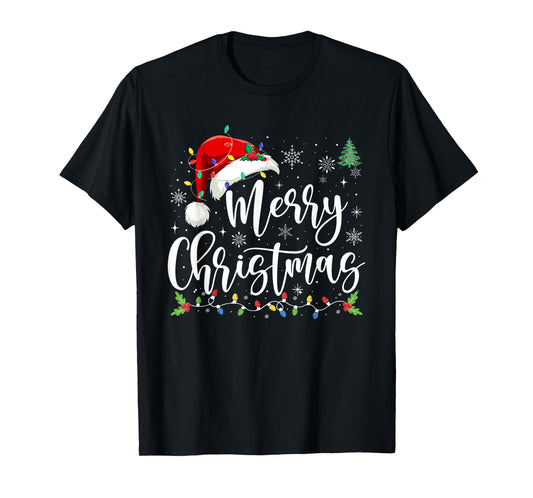 Merry Christmas Lights Red Santa Hat Xmas Family Men Women T-Shirt