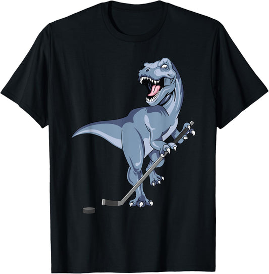 Dinosaur Hockey Stick Puck Goal Goalie TRex T-Rex Player Kid T-Shirt