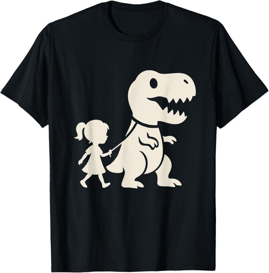 Girl Walking T-Rex Pet on Leash Dinosaur Silhouette Funny T-Shirt