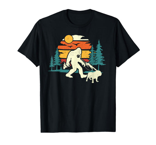 Retro Bigfoot Walking English Bulldog Dog Walker Sasquatch Men Women Girls Kids T-Shirt