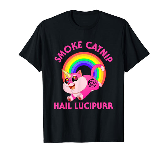 Smoke Catnip Hail Lucipurr, Funny Satan Cat Unicorn Meme Men Women Kids T-Shirt
