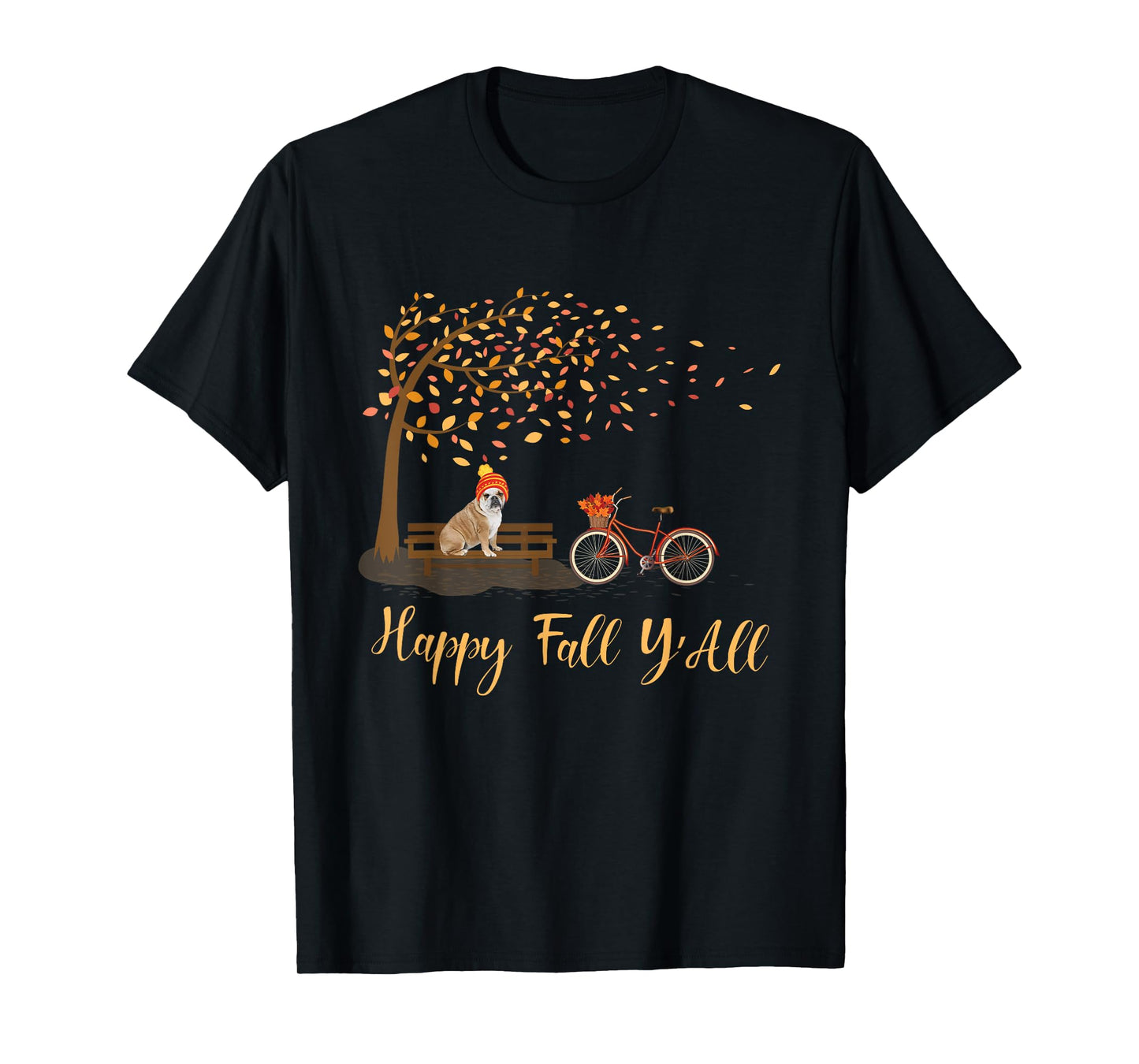 Happy Fall Y'All Funny English Bulldog Autumn Season Bicycle T-Shirt for Men Women Kids