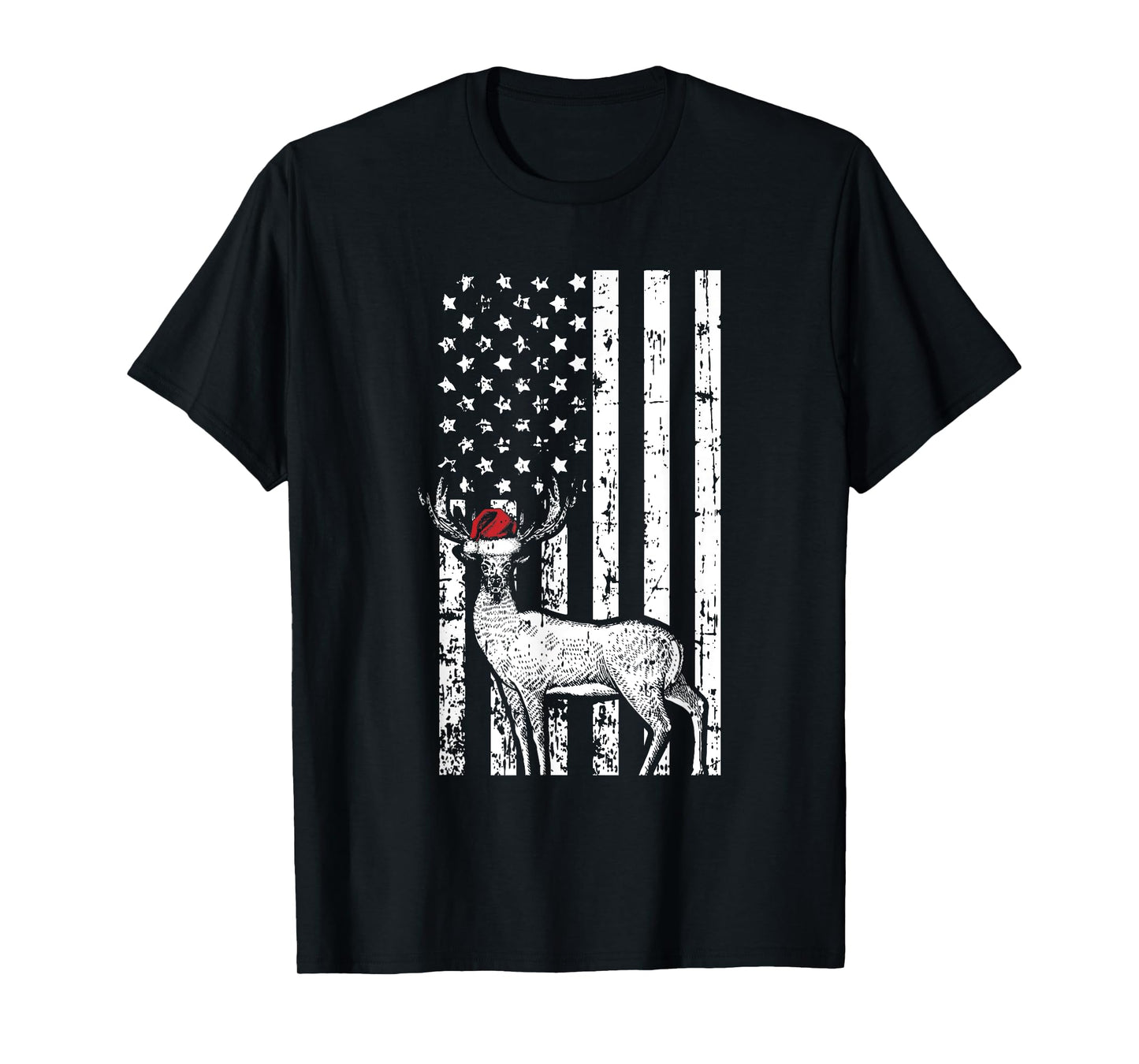 Deer Hunting Elk Santa Hat American Flag Christmas Gifts T-Shirt for Women Kids Men