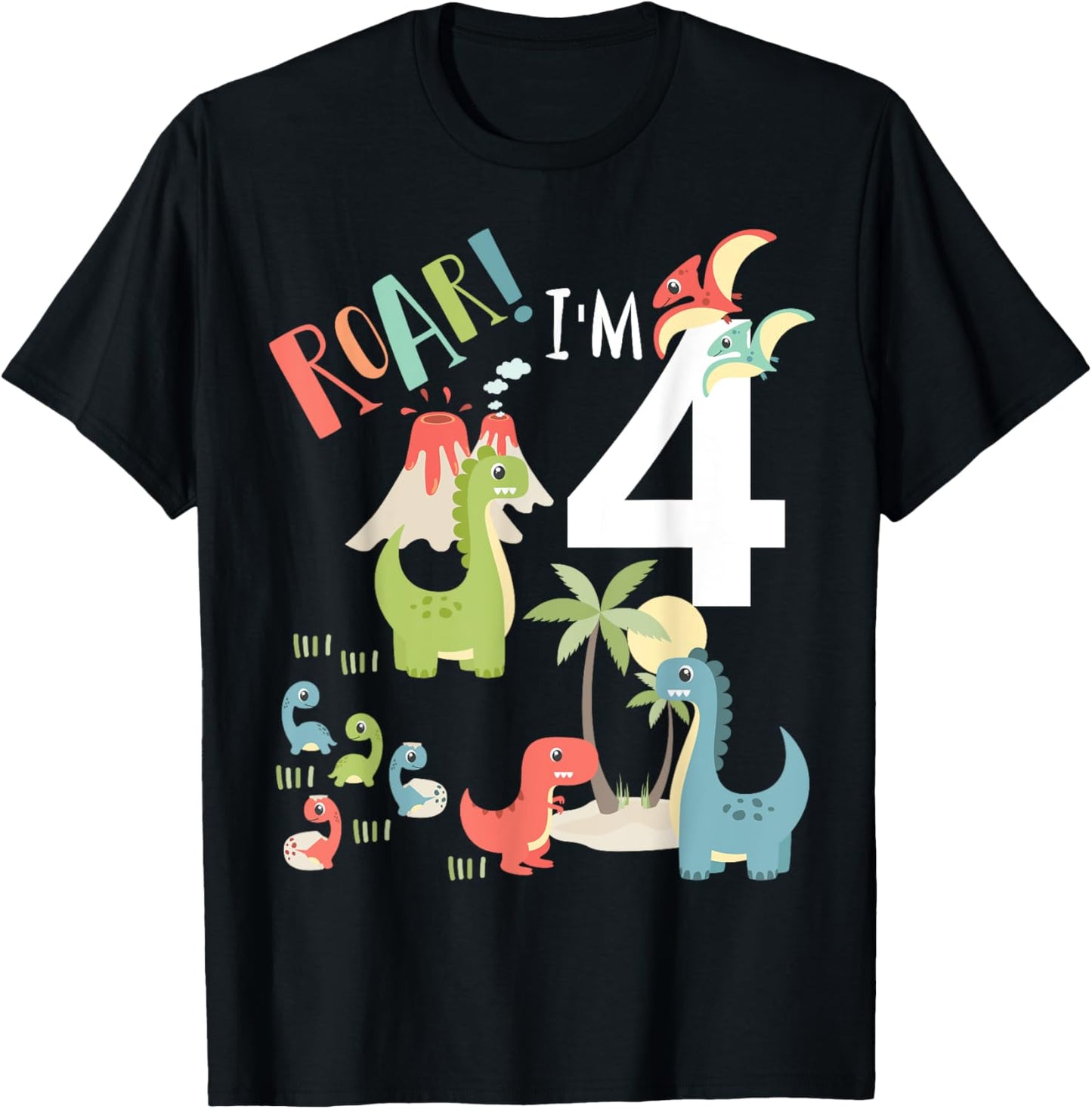 Kids 4 Year Old Roar I'm 4 4th Birthday Boy T Rex Dinosaur T-Shirt