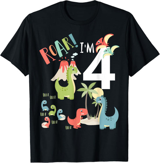 Kids 4 Year Old Roar I'm 4 4th Birthday Boy T Rex Dinosaur T-Shirt