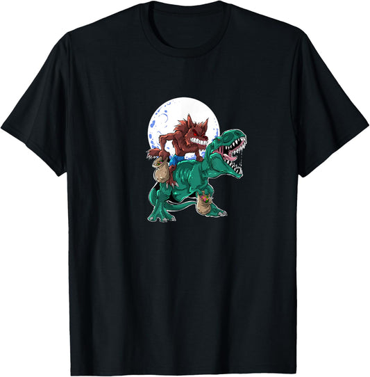Funny Halloween Werewolf riding Dinosaur Halloween Wolf T-Shirt