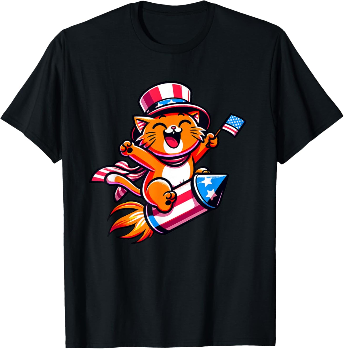 Orange Cat 4th July American USA Flag Fireworks Boys Girls T-Shirt