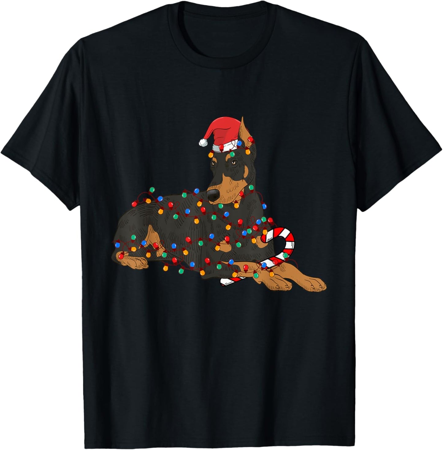 Doberman Santa Christmas Lights Dog Lover Xmas Pajama T-Shirt