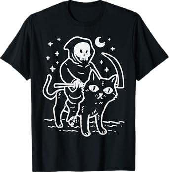 Grim Reaper Riding Cat Moon Funny Death Halloween Costume Men Women Kids T-Shirt