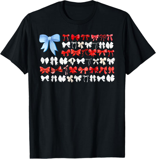 Red White And Blue American Coquette Bows Funny 4th Of July T-Shirt
