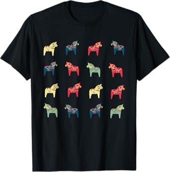 Swedish Dala Horses Dalecarlian Unisex Adults T-Shirt Black Small Modern Cartoon Embroidery Short Sleeve