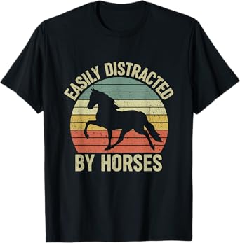 Easily distracted by horses funny retro tee T-Shirt, Small, Black