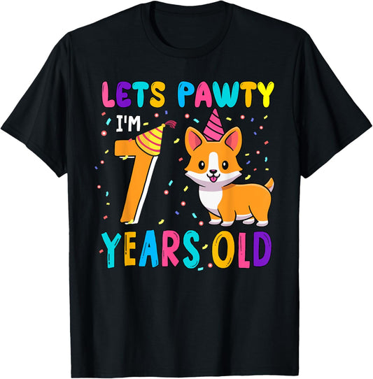 Cute Lets Pawty 7 Years Old Birthday Corgi Dog Owners Kids T-Shirt