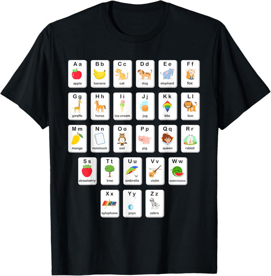 ABC Animals Object Flash Card A-Z Types of Alphabet Teacher T-Shirt