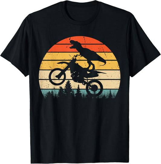 Dinosaur Riding Dirt Bike Motocross Vintage Retro Sunset T-Shirt