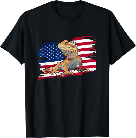 Tiny Dinosaur USA Flag 4th of July Bearded Dragon Lover T-Shirt