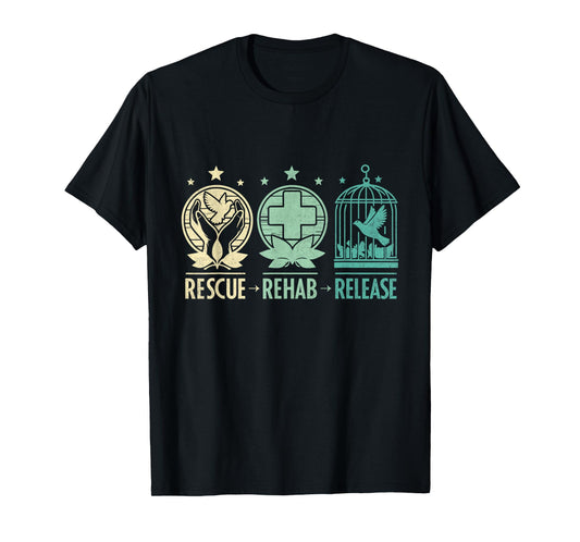 Rescue, Rehab, Release Wildlife Conservation & Care T-Shirt, Small, Black