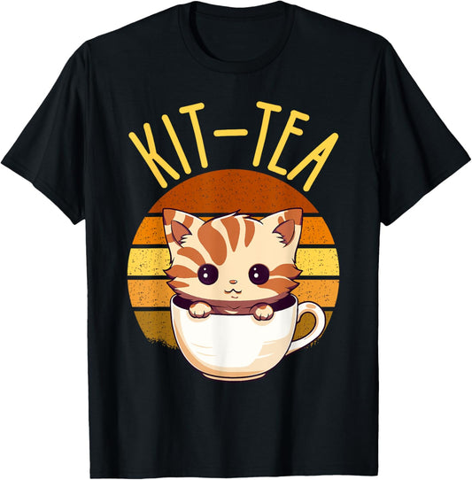 Cat Shirts For Women Girls Kids Cat & Tea Lover Cute Kit Tea T-Shirt