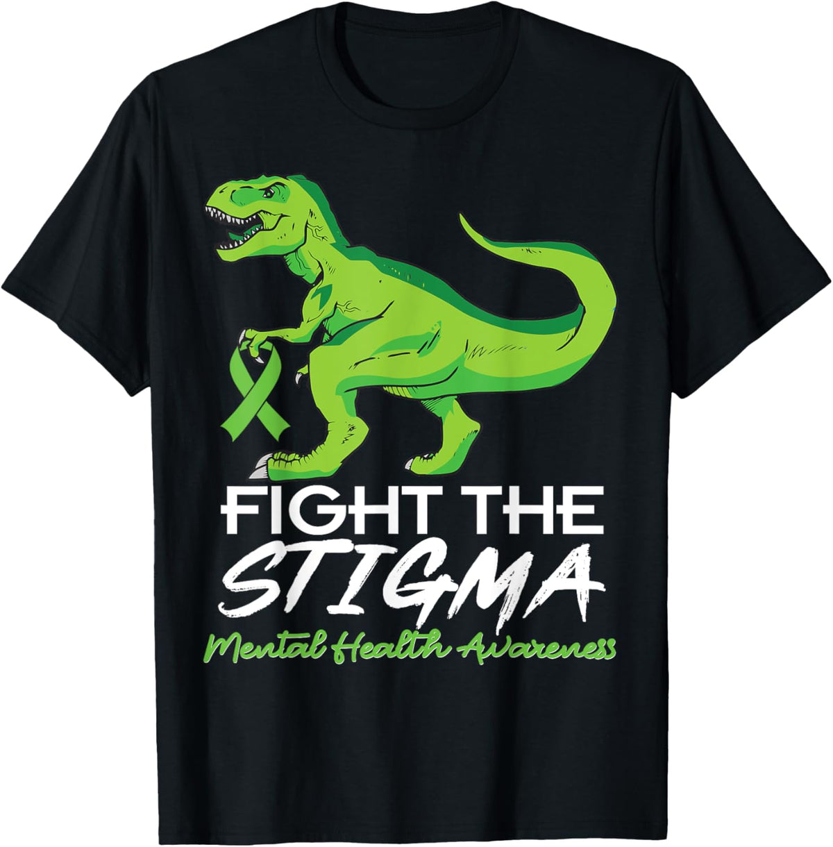 Fight Stigma Mental Health Awareness Lime Green Dinosaur T-Shirt