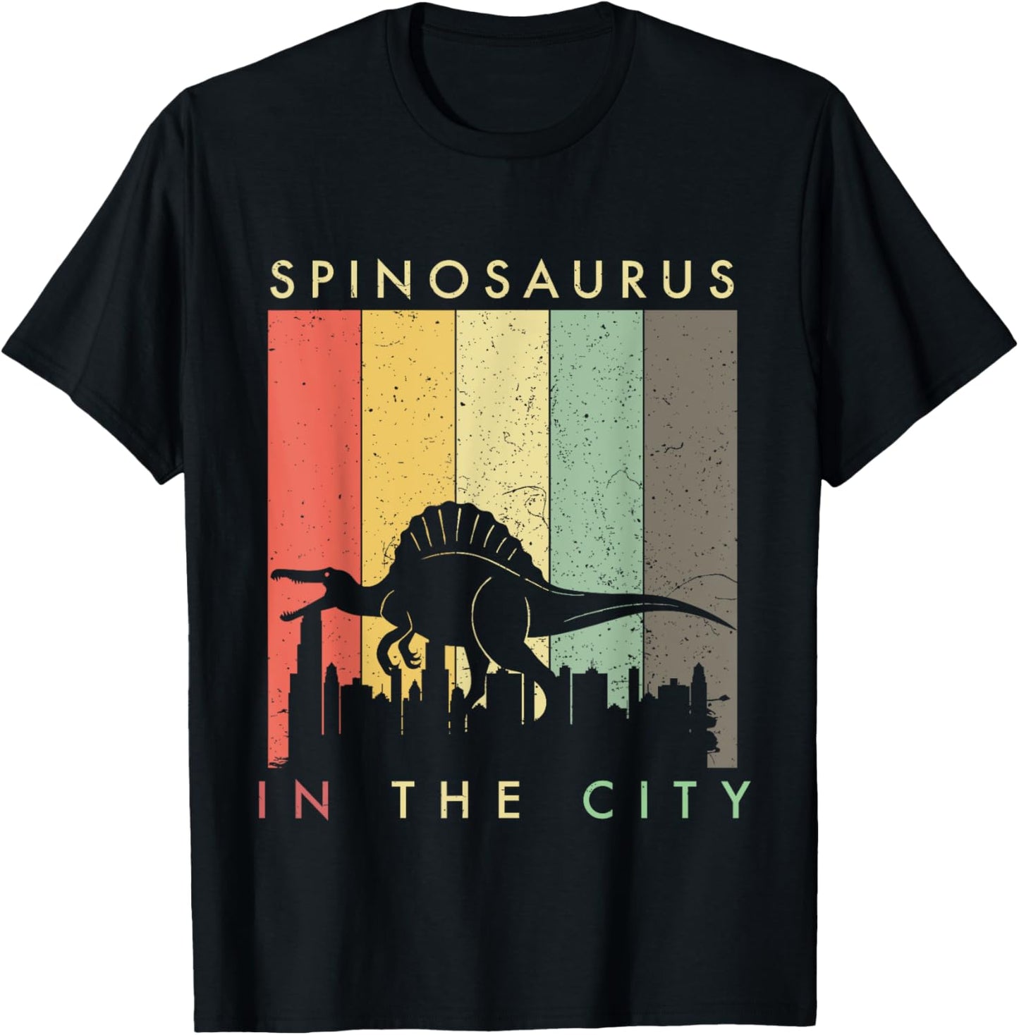 Distressed Spinosaurus In The City - Retro Vintage Dinosaur T-Shirt