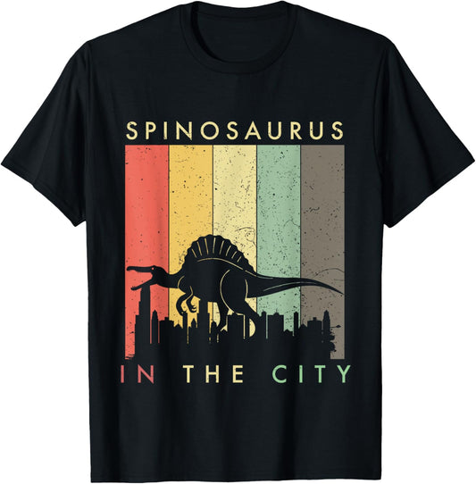 Distressed Spinosaurus In The City - Retro Vintage Dinosaur T-Shirt