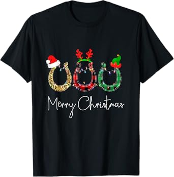 Christmas Horseshoe Shirt Leopard Plaid Santa Hat Horse Xmas T-Shirt