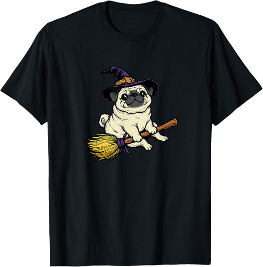 Cute pug dressed like Witch Pug lover Funny Dog Halloween T-Shirt